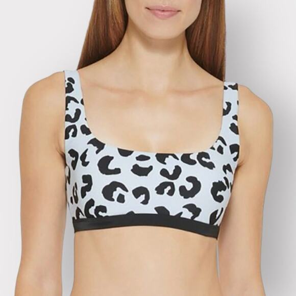 DKNY NEW Leopard Bralette Bikini Crop Top Swim Womens sz L Pastel Blue Black NWT - Picture 1 of 9